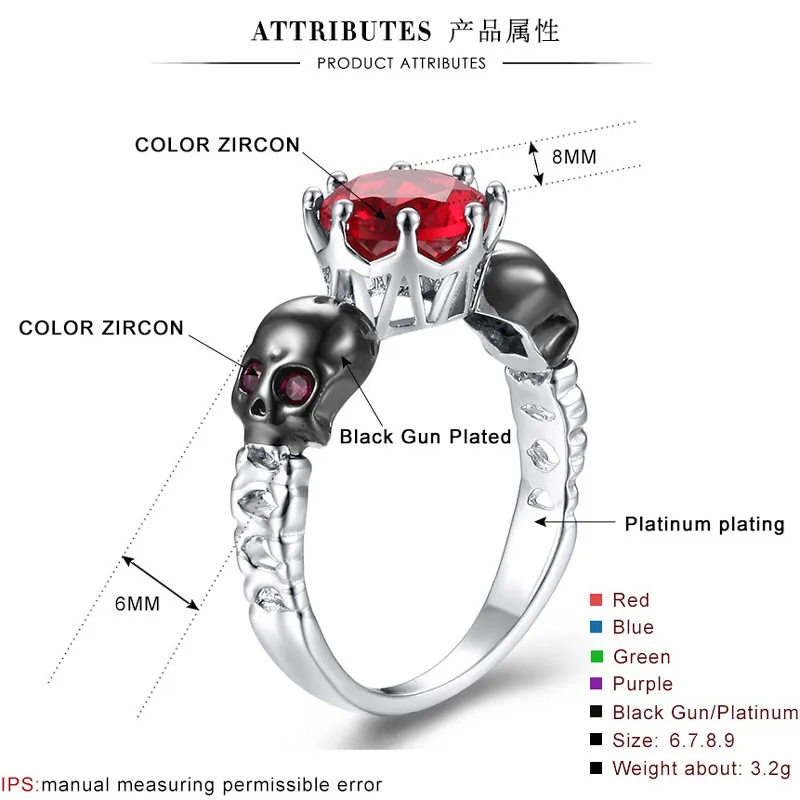 Punk Rock Silver Skull Skeleton Gothic Ring Wedding Rings For Women Cubic Zircon Engagement Band Finger Gifts A093 | Украшения и