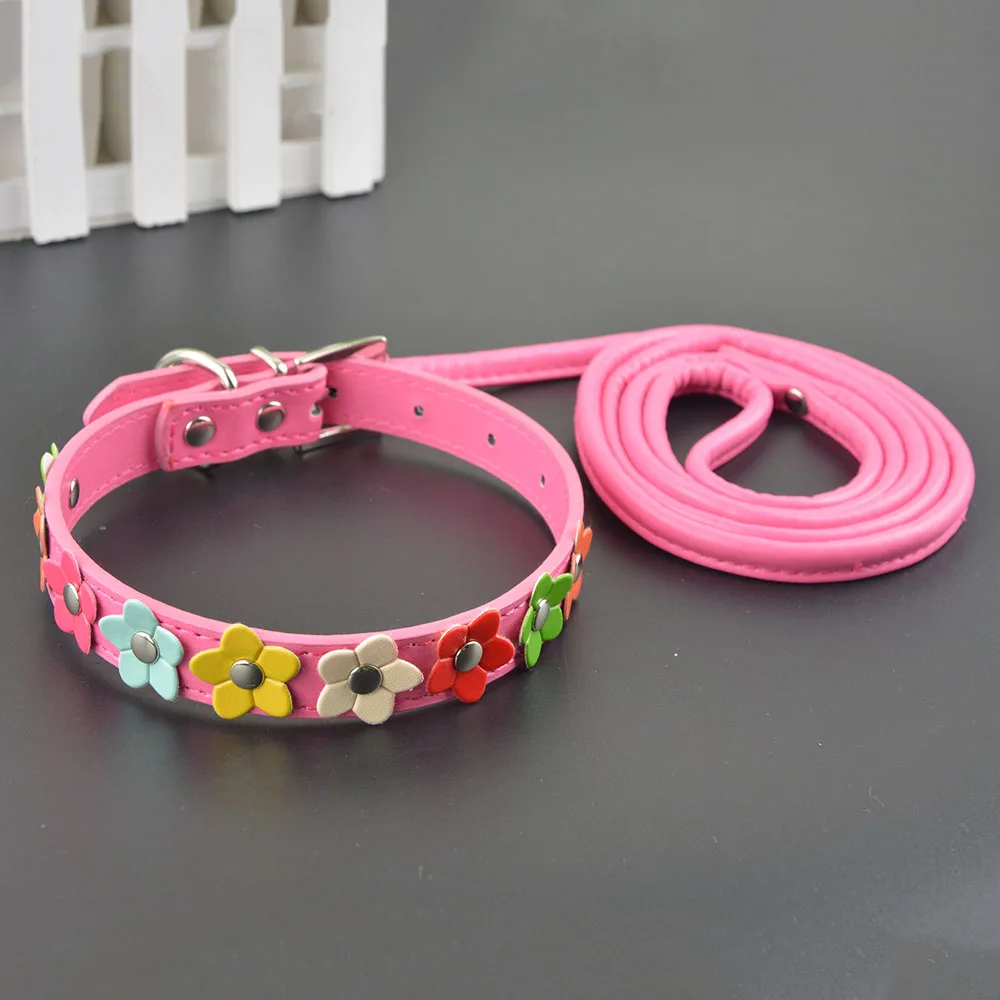 2 Sizes 6 Colors Small Dog Collar One Row Flower Studded Cat Puppy Leash Set | Дом и сад
