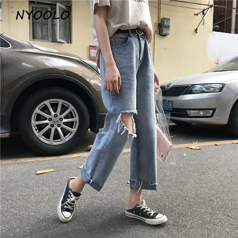 NYOOLO High street 2018 женские рваные свободные прямые джинсовые брюки бойфренды джинсы