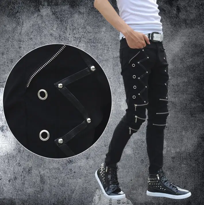 

Casual personality fashion mens pants rivets zipper harem pant men feet trousers pantalones hombre cargo pantalon homme thin