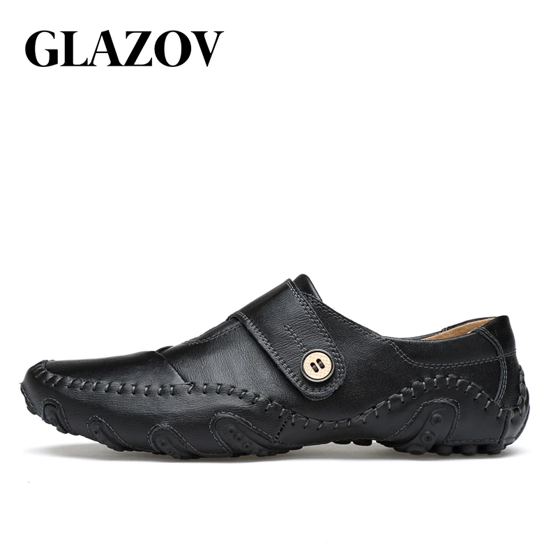 Black Slip On GLAZOV повседневная обувь из натуральной кожи мужские весенние винтажные Лоферы ручной работы на плоской подошве; Лидер продаж года; модный стиль; большие размеры 38-46 - Цвет: Black Slip On