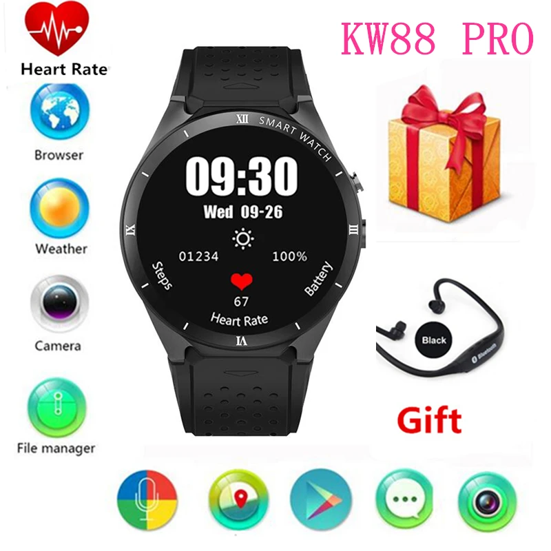 KingWear KW88 Pro Android 7 0 Смарт часы телефон MTK6580 четырехъядерный ПЗУ 16 ГБ + ram 1 39 дюйма 400*400