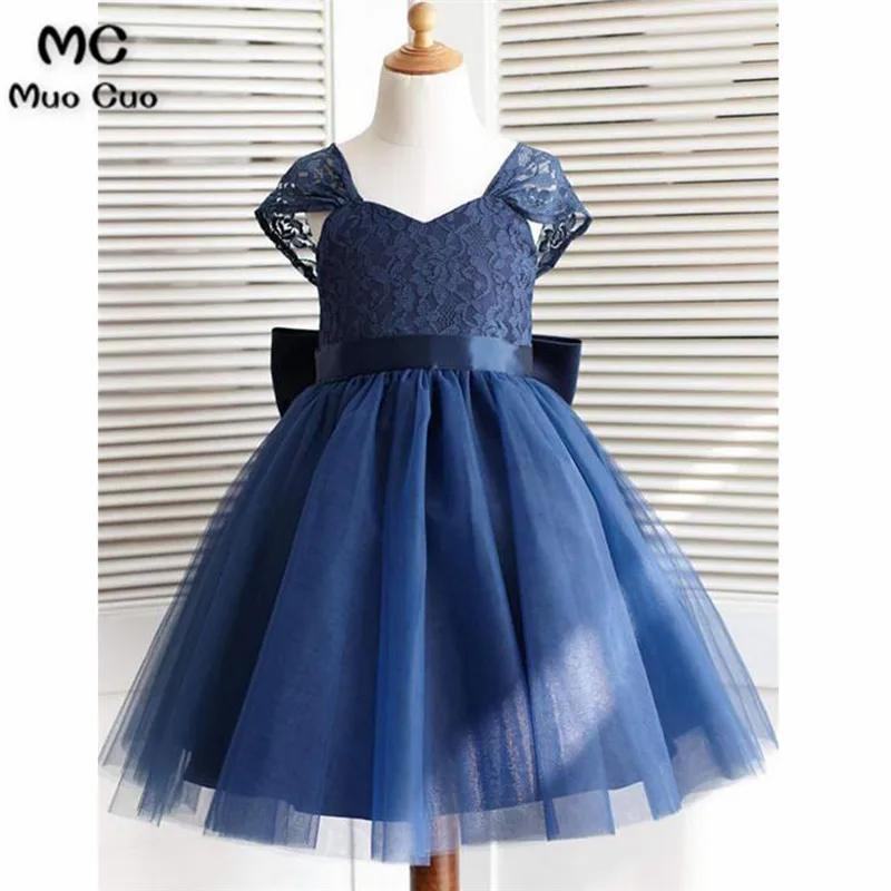 Elegant 2018 Ball Gown first communion dresses for girls Short Sleeve Lace Ribbon Navy blue flower girl weddings | Свадьбы и