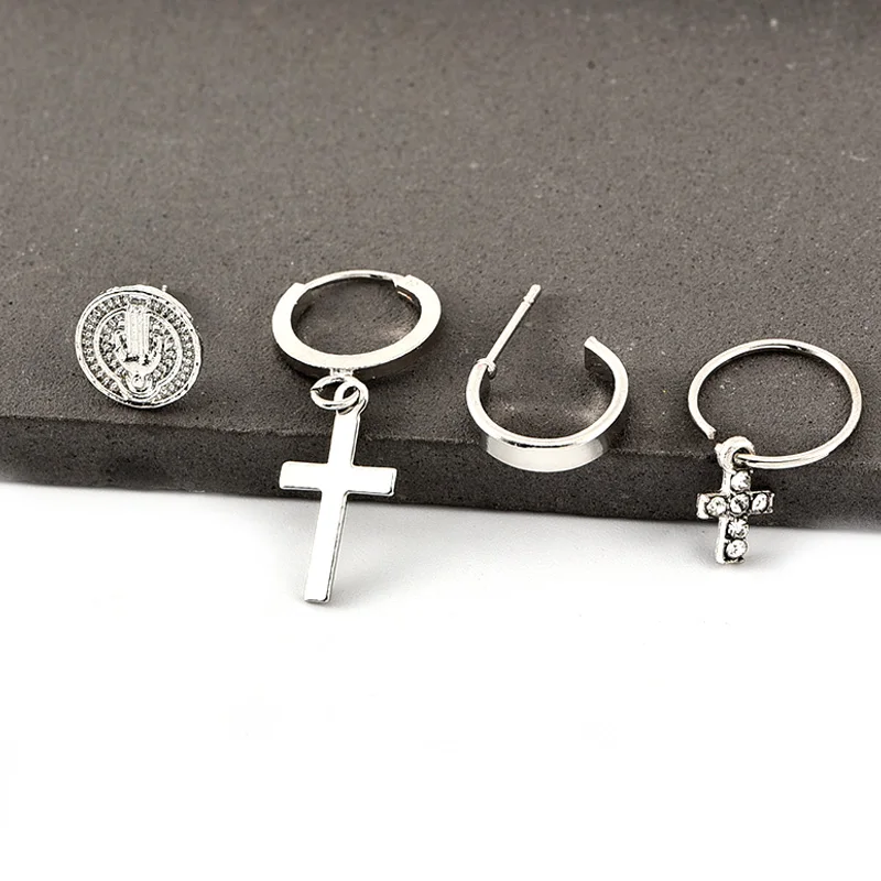 4 Pcs/Set Women Vintage  Cross Virgin Mary Round Crystal Pendant Silver Color Earring Set Personality Party Jewelry Accessories | Украшения