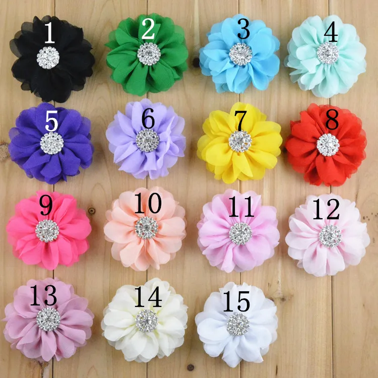 30pcs/lot 3'' multilayer Ballerina Chiffon Flowers with Rhinestone Buttons flower accessories for hair band Bow Clip FH09 |