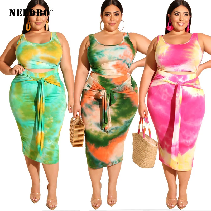 

NEEDBO Two Piece Set Top and Skirt Crop Top Women Print Casual Plus Size Women Two Piece Outfits Sexy Clothes for Women Suit