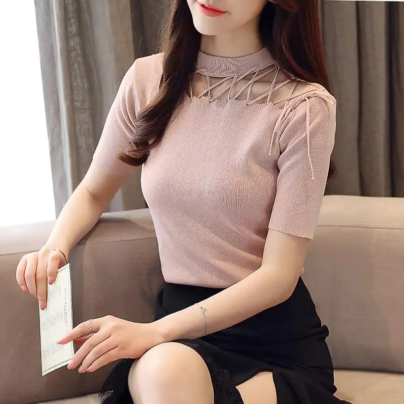 ONLYSVTER Sexy Hollow Out Women T Shirt Fashion Knitted Short Sleeves Top Euro Style Lurex Glitter Lace-up Female Tshirt | Женская