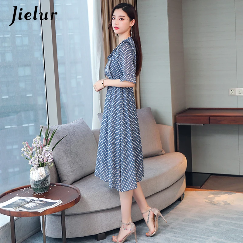 Jielur Summer Dresses Women V-neck Lace-up Chiffon Polka Dots Young Midi Dress Korean Elegant Retro Leisure Street Robe Femme | Женская
