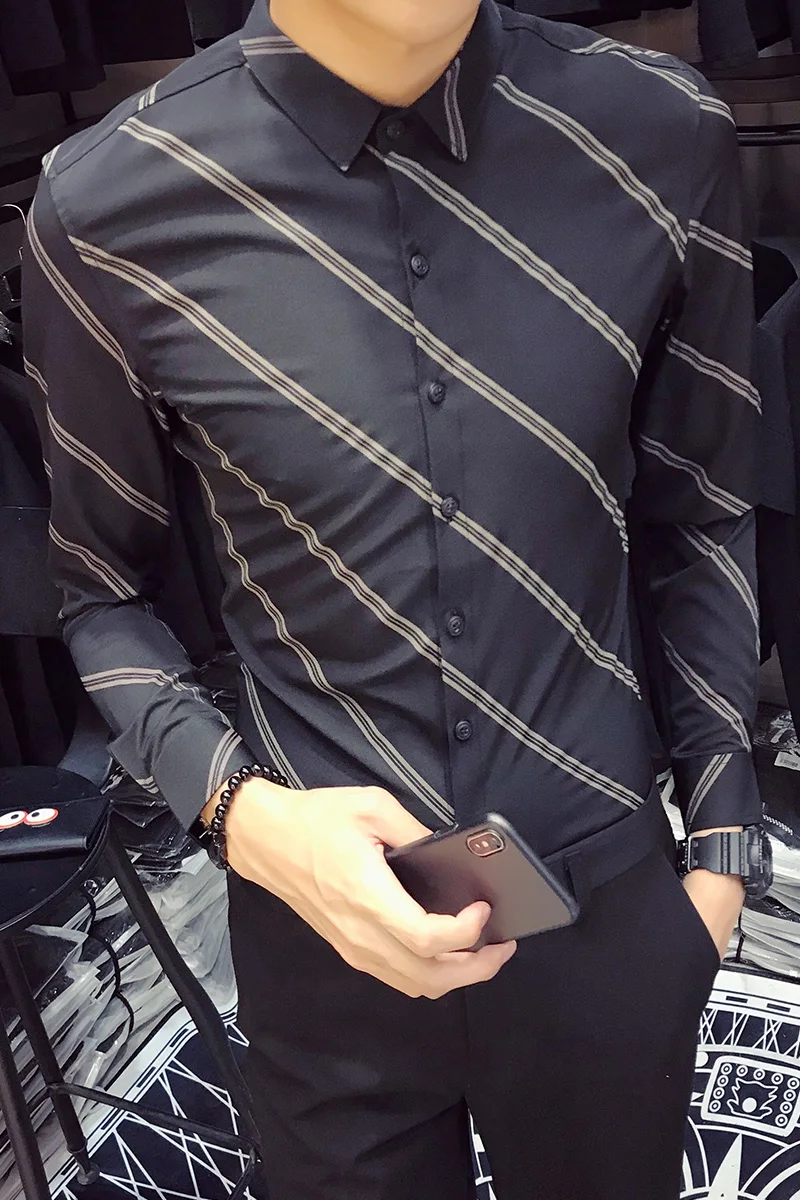 Полосатые рубашки мужские Повседневное корейский моды Camisa социальной Masculina