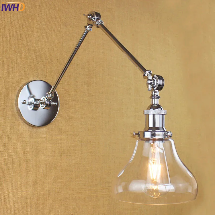 IWHD Silver Loft Industrial Wall Light Fixtures Arm Glass Bedroom Retro Edison Vintage Wall Lamp Sconces Luminaire Home Lighting
