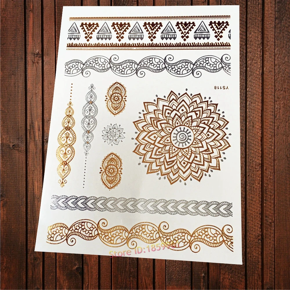 

1PC Beautiful Gold Silver Henna Tattoo Indian Chain SunFlower Arm Hand Tatoo Bracelet A118 Flash Metallic Temporary Tattoo Paste