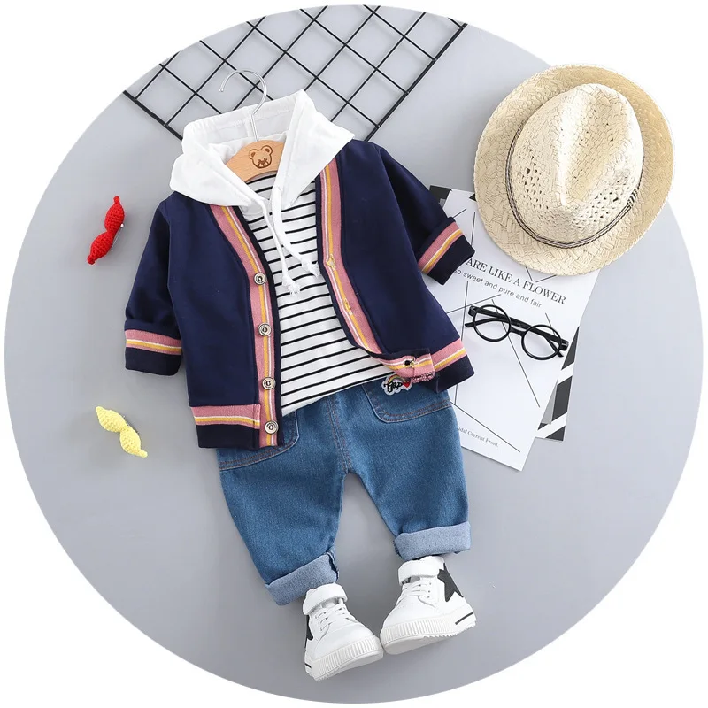 Toddler Boys Spring Autumn Clothing Set Fashion Cotton Striped Hooded Long Sleeve T-shirt+warm Coat+denim Pants 3pcs