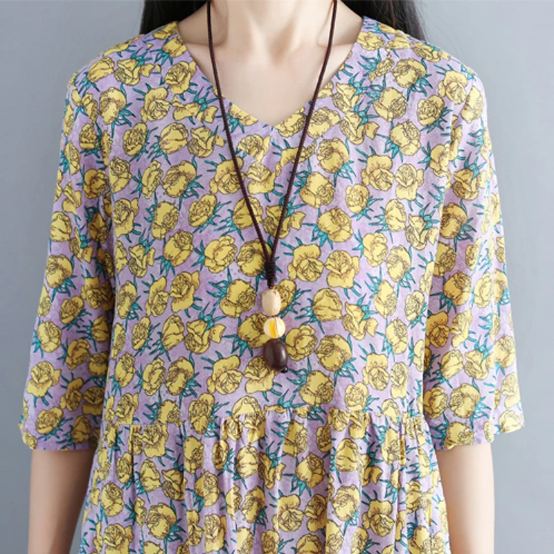 

sweet Summer new Print Cotton and Linen Dress Women vintage V-Neck Pockets Dress autumn Loose Half Sleeve Mid-Calf Dress women