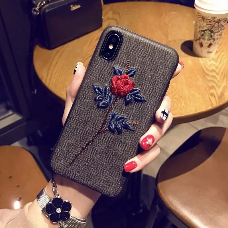 Guokos New Fashion 3D Rose Flower Embroidery Soft Silicone Case For iPhone X XS MAX XR Fabric iPhone6s 6 7 8 Plus Coque |