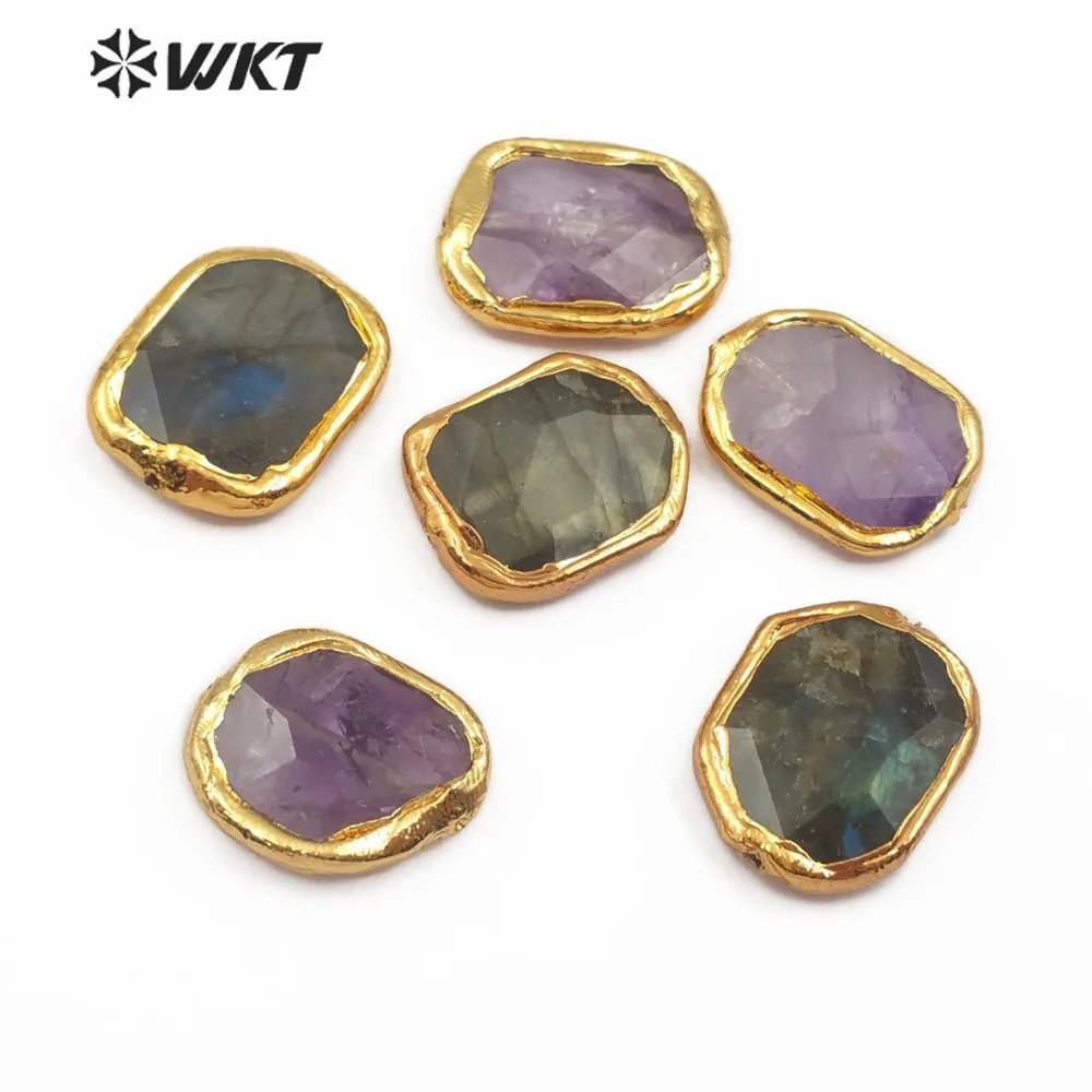 

WKT JF311 Irregular Shape Natural Flash stone With Beautiful Gold decoration Connector For Women Charming Jewelry Making