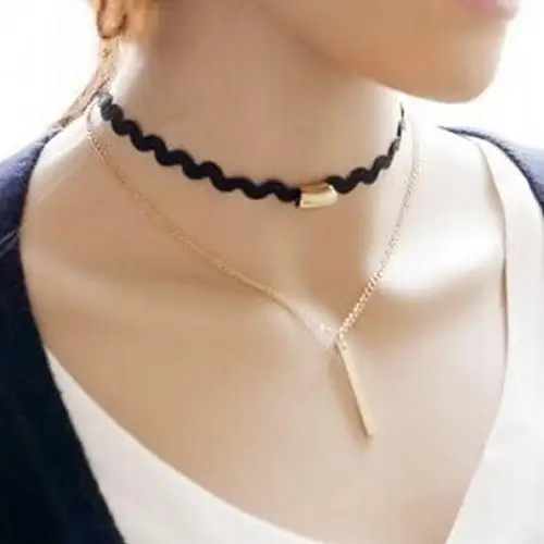 

Women Fashion Golden Tone Chain Lace Choker Double-deck Necklace Jewelry Gift