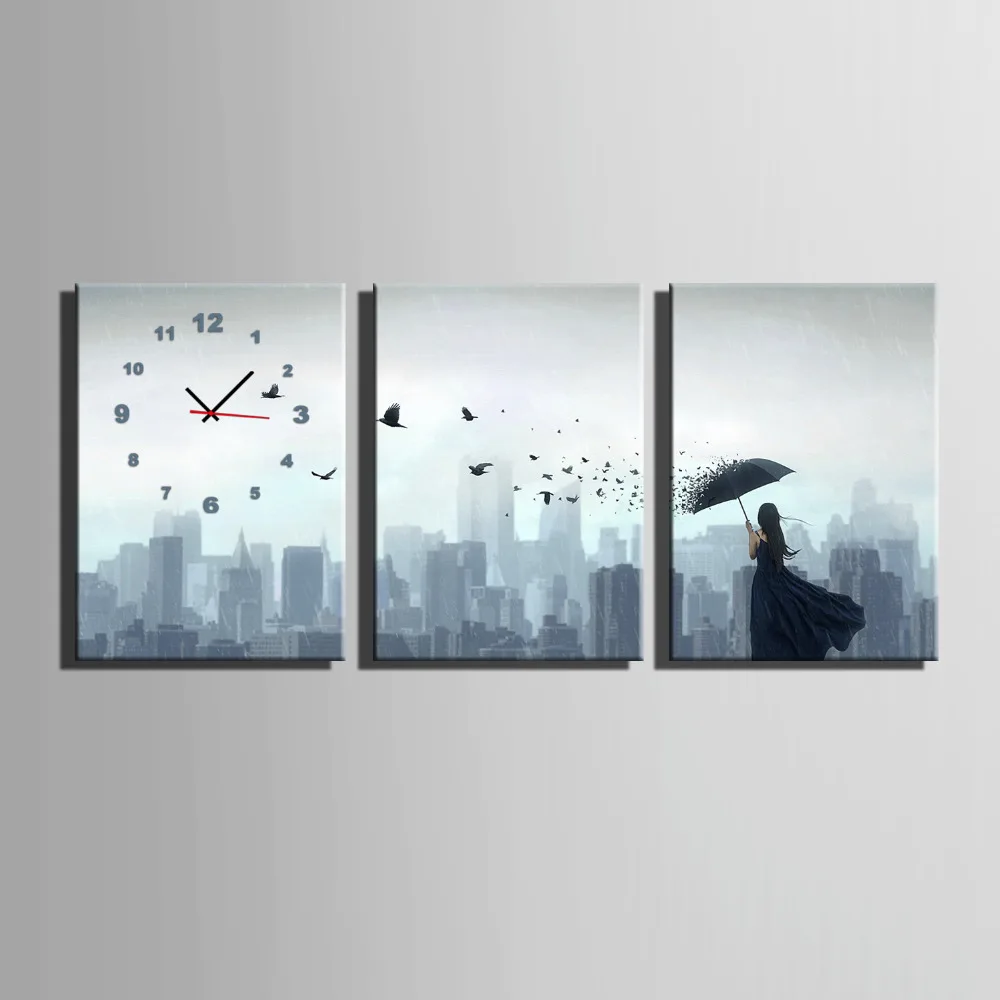 

Free Shipping E-HOME A Woman In A City And A Black Dress Clock in Canvas 3pcs wall clock