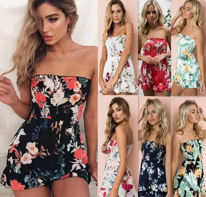 Women Playsuit  Summer Romper Bohemian Beach Casual Loose  jumpsuit Print Sexy Strapless Off Shoulder Bodysuit