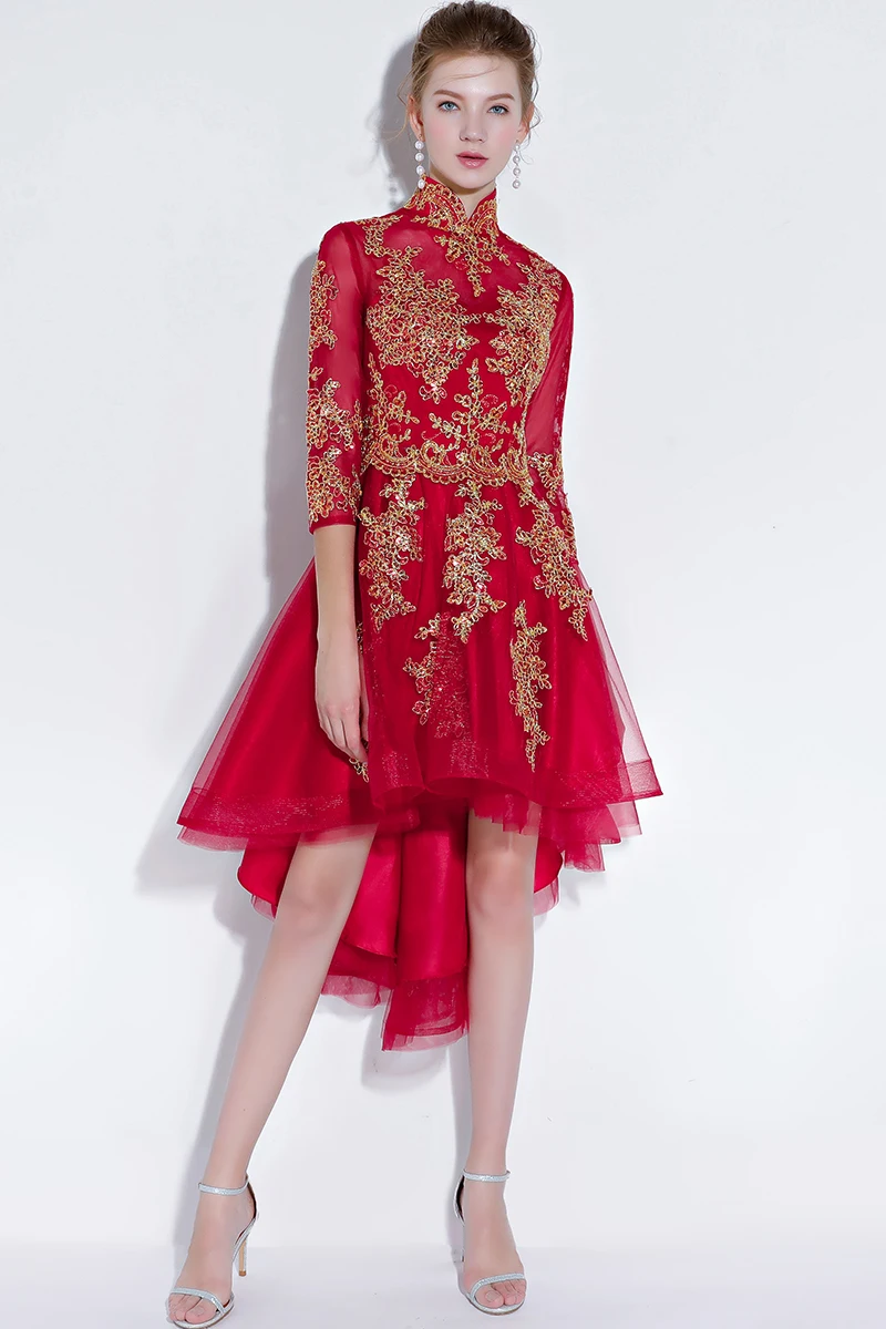 Robe De Soiree 2018 новый красный банкет Половина рукава спереди короткий сзади длинный