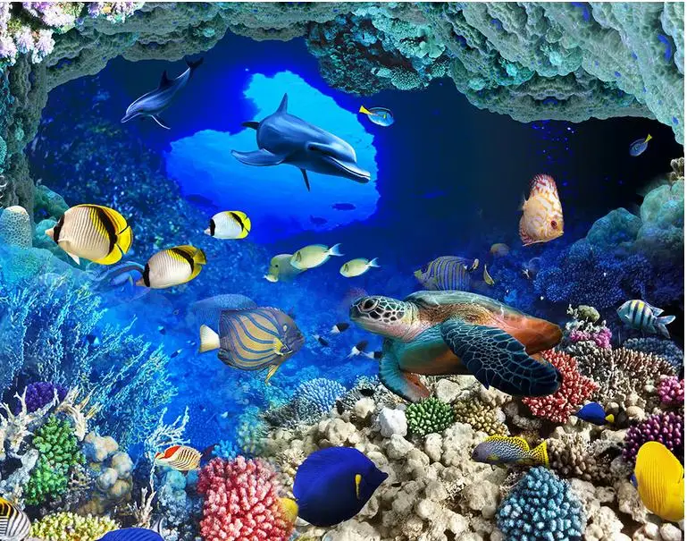 Виниловые 3d обои для пола в пещере тропическая рыба спальни напольные плитки