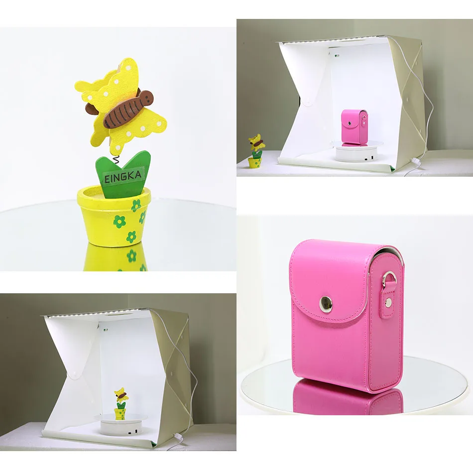 Мини складной фотобокс для студийной съемки 22,6 см x 23 см x 24 см с мягким светом LED и черным белым фоном.