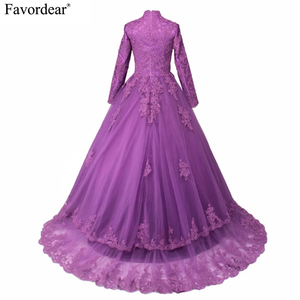 Favordear 2018 muslim evening dress kaftan dubai Evening Dresses Lace Appliques Ball Gown Long Sleeve Muslim Dress | Свадьбы и
