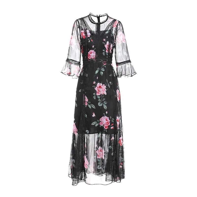 

High Quality Summer New Designer Fashion Woman Dress Sweet Rose Flower Bud Silk Yarn Elegant Stitching Big Swing Dresses Female