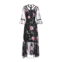 high quality summer new designer fashion woman dress sweet rose flower bud silk yarn elegant stitching big swing dresses female