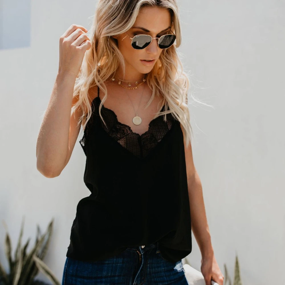 Sexy Women Crop Top Casual Blouse Vest Sleeveless Tank Lace V-neck Splicing Slim Halter Tops Camis Solid White Black Loose | Женская