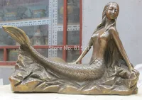 bi00974 13" Denmark myth Bronze sea-maid Little Mermaid ON Stone Fish Statue beauty