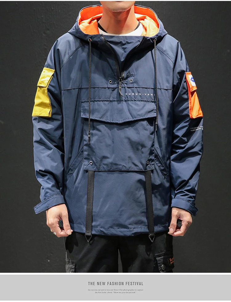Hip Hop Spring Jackets Men Windbreaker Patchwork Autumn Loose Casual Hooded Jacket Male Coats Zipper Tracksuit Streetwear