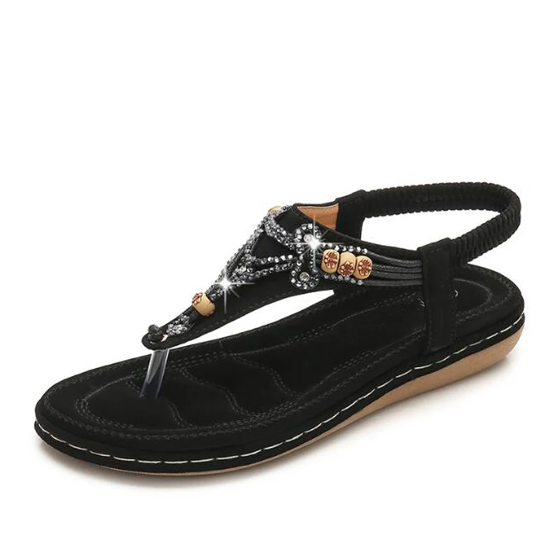 2019 Retro women's shoes round head Solid color sandals summer Leisure Comfort beach beaded rhinestone flat mm313 | Обувь