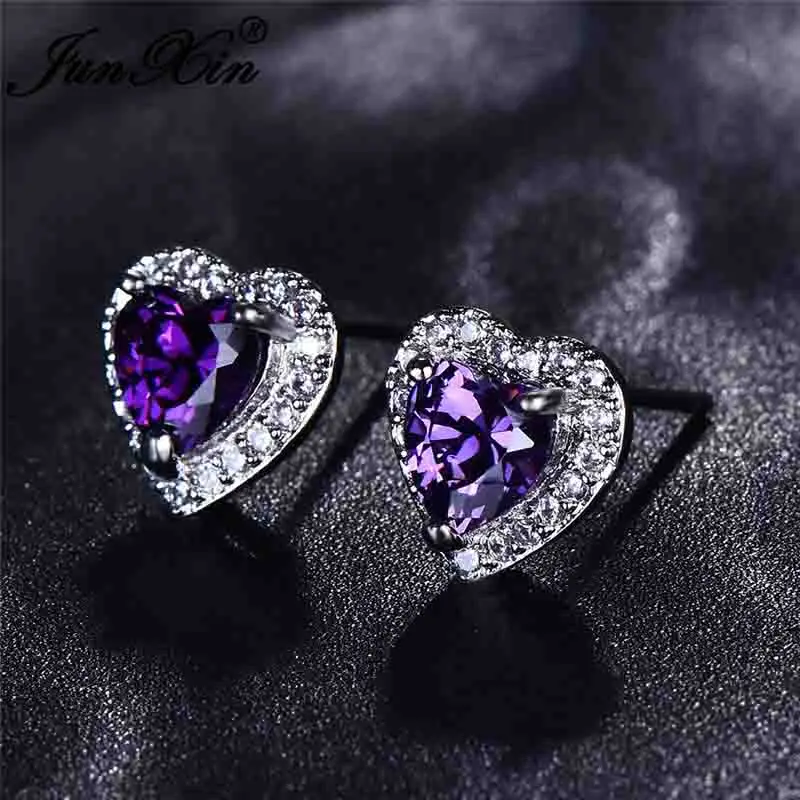 Purple Stud Earrings JUNXIN мистический огненный камень, Разноцветные серьги-гвоздики в форме сердца для женщин, 925 пробы, заполненные серебром, фиолетовые радужные циркониевые серьги - Окраска металла: Purple Stud Earrings