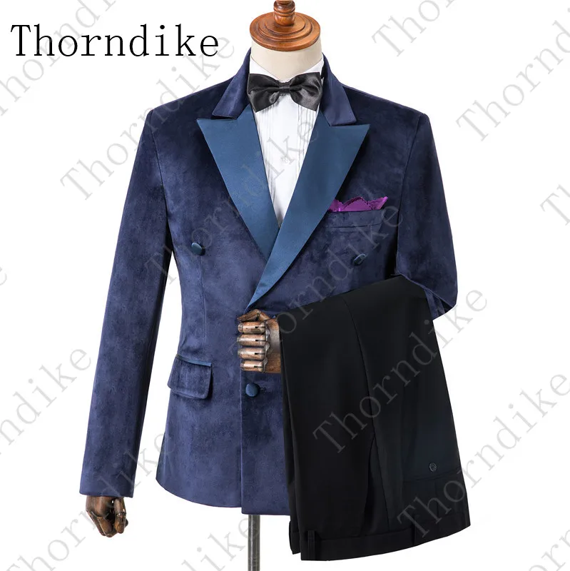 Мужской Бархатный смокинг для жениха Thorndike синий двубортный пиджак с жилетом