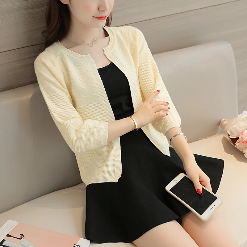 

2021 Seven new spring sleeve cardigan female Korean loose solid thin coat short all-match Knit Shawl female