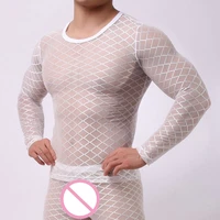 see through mesh fishnet sheer stretch undershirt sleep tops sleepwear mens sexy thin long sleeve exotic grid sleep wear