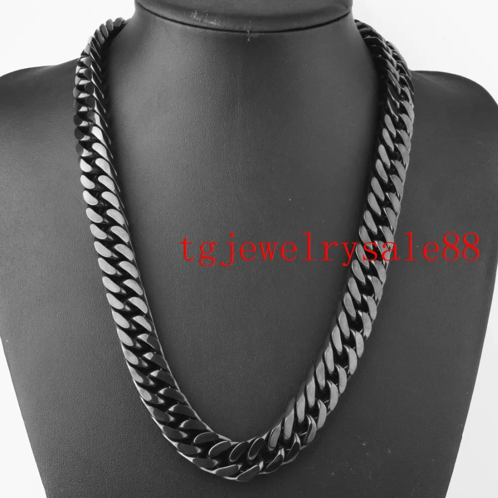 

15mm Wide Classic Black Color Casting Buckle Stainless Steel Cuban Curb Link Chain Men Trendy Necklace Or Bracelet Jewelry 7-40"