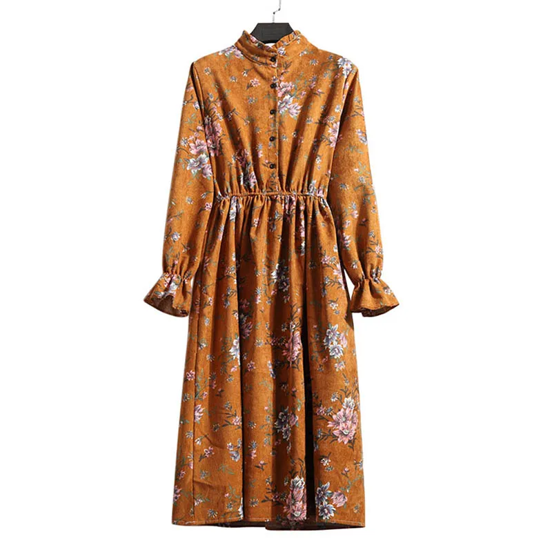 Весенне-осеннее женское Цветочное платье с длинными рукавами и круглым вырезом