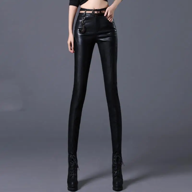 Осень-зима 2018 черные женские брюки из искусственной кожи с высокой талией