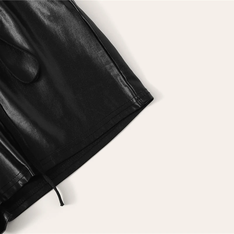 SHEIN однотонные шорты из искусственной кожи с завязками на талии, женская одежда, женские Гламурные Серебристые летние шорты с эластичной талией