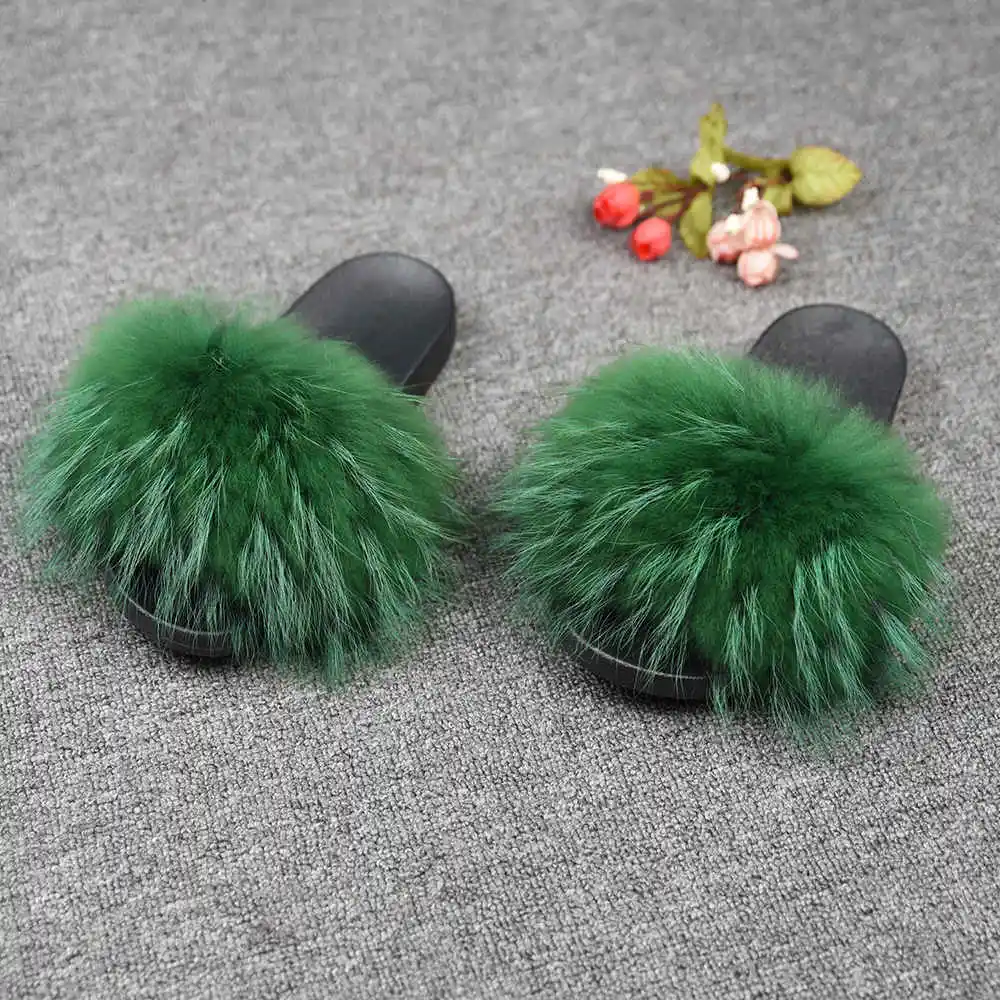 Raccoon Green Женские шлепанцы с натуральным мехом енота; модные стильные шлепанцы; сезон весна-осень-зима; Домашние вьетнамки на плоской подошве; S6020A - Цвет: Raccoon Green