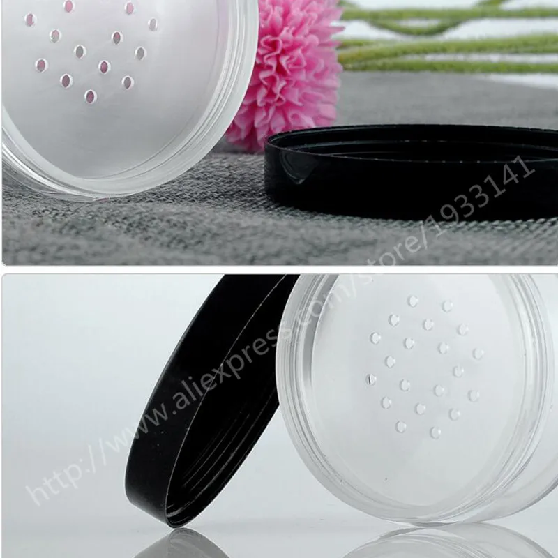 

Hot sale 500pcs/lot 30-35g empty loose powder Jar with sifter 68mm*32mm (about) , Cosmetic Bottle With Black Lids