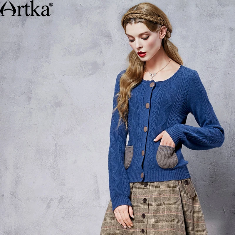 Женский шерстяной кардиган ARTKA Осенний однобортный вязаный с круглым вырезом и
