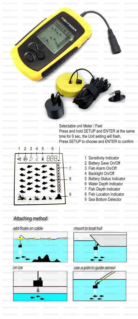 Эхолот рыболокатор портативный водонепроницаемый глубина 100 м|sonar fish finder|portable