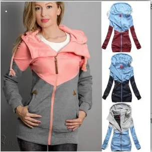 

Slim Plus Size 5XL Autumn Spring Women Patchwork Hooded Hoodies Zipper Pockets Elastic Female Caual Tracksuit Jumper Tops Jacket