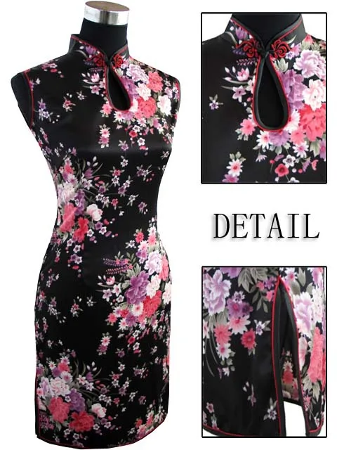 Новинка черное китайское женское шелковое мини-платье с лямкой на шее Cheongsam Qipao