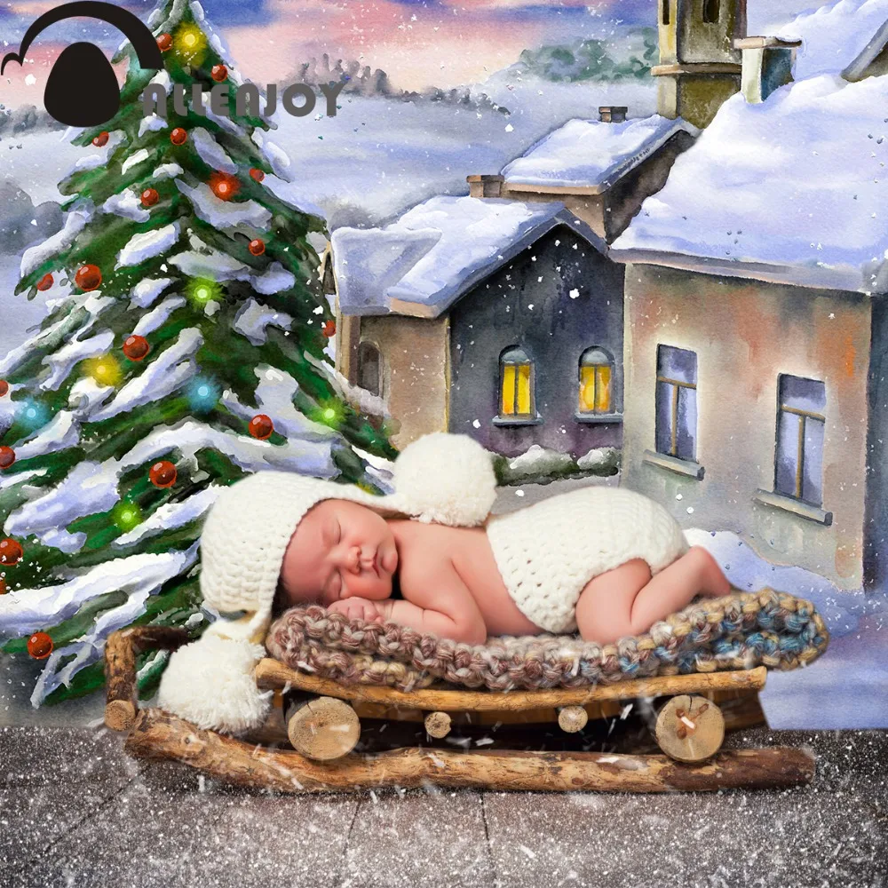

Allenjoy background for photography christmas fairy tale winter small town snow backdrop printed photo studio photobooth