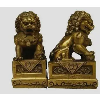 

collecting OLD copper Elaborate Old crafts Brass A Pair of China Folk Fengshui Foo Fu Dog Guardion Door Lion Statue sculpture