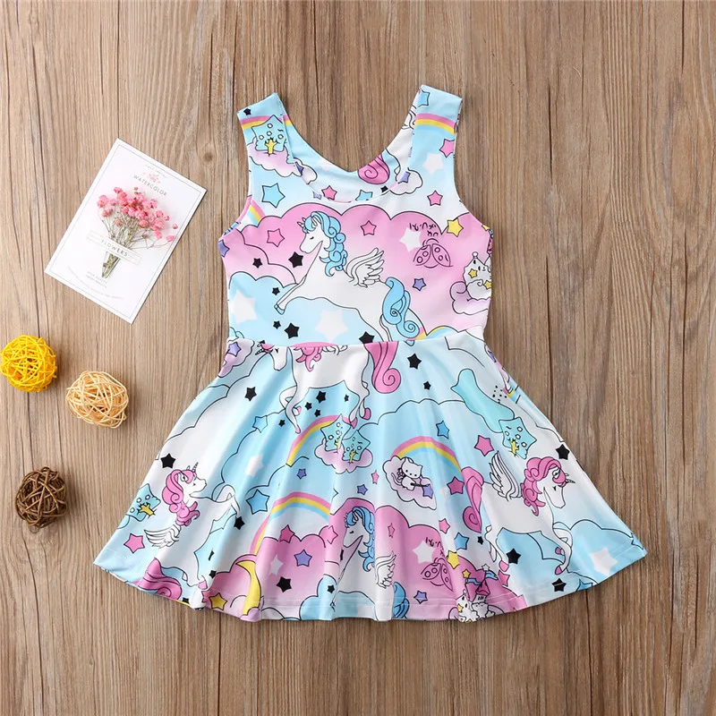 2018 летнее платье для девочек с принтом единорога Vestidos Пляжное платья принцессы