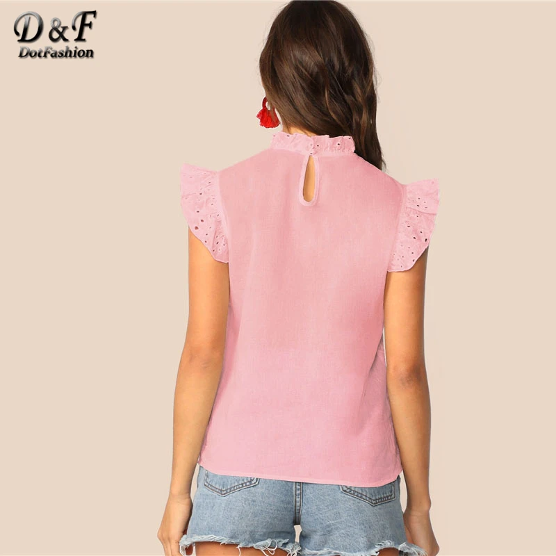 Dotfashion, однотонный топ с воротником-стойкой, с рюшами, с вышивкой, с ушками, для женщин, лето, бохо, без рукавов, одежда для девушек, модные блузки